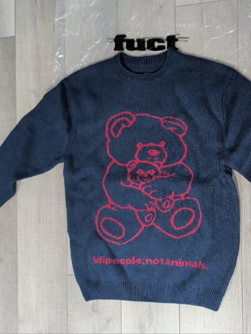 Fuct x SSDD TEDDY BEAR KILL PEOPLE NOT ANIMALS Sweater pullover Size S Navy, Red